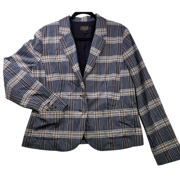 Pendleton Womens Navy Brown Plaid 2 Button Pockets Blazer Size 16 Academia - Picture 1 of 14